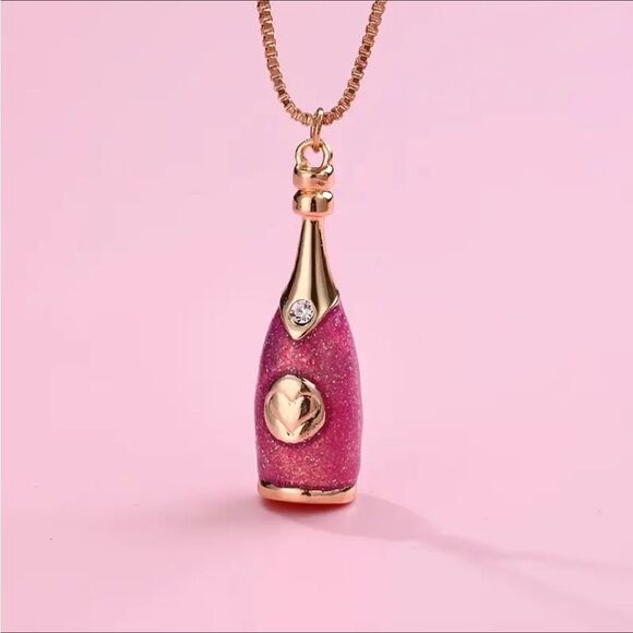 Elegant Pink Glitter Gold Rhinestone Champagne Bottle Pendant Necklace - Picture 3 of 5